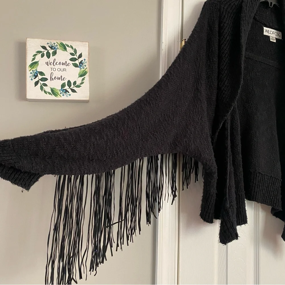 Wildfox Fringe Marishka Cardigan Cotton Rich Knit Sweater Small Black